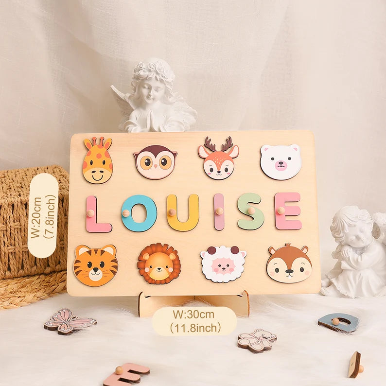 Personalized Baby Name Puzzle with Animals, Handmade Wooden, Custom Baby Girl and Boy Birthday Gift