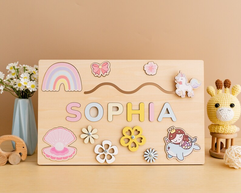 Name Puzzle, Patterned Flower Puzzle, Personalized Gift for Baby and Toddler, Natural Wooden Puzzle, First Birthday Gift